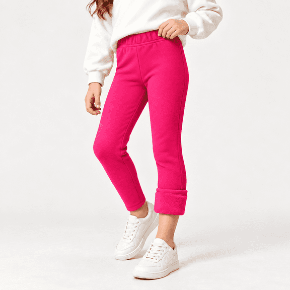 Hot Pink Girls Fleece Lined Leggings size 10-12, Elastic Waist Winter Warm Thick Stretchy Thermal Pants For Kids