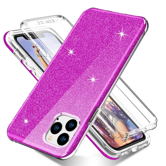 Hot Pink Glitter Case for iPhone 11 Pro with Built-in Screen Protector Slim Full-Body Stylish Protective Cover 5.8'' Anti-Scratch Anti-Finger for Women & Girls 2019 Release