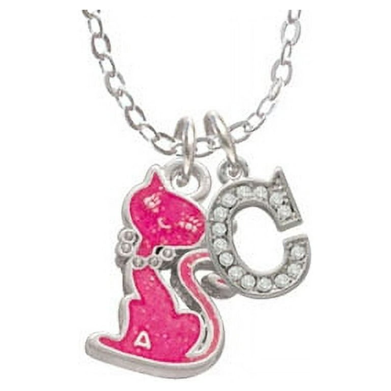 Hot Pink Glitter Cat C Crystal Initial Sophia Necklace, 18