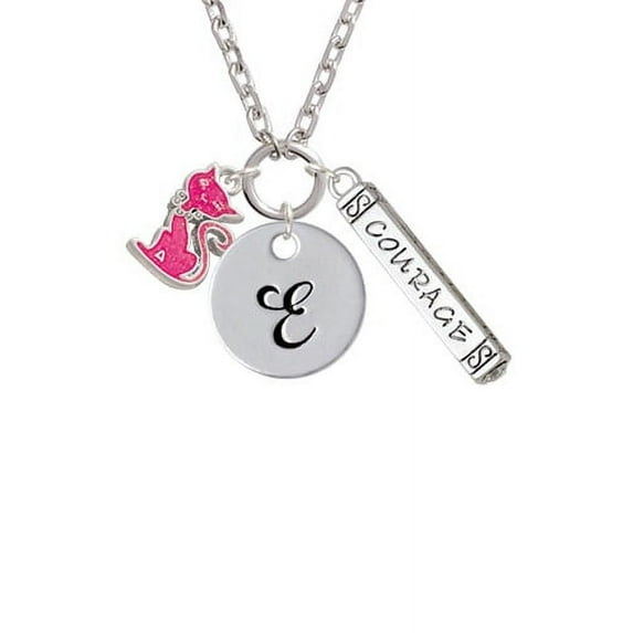 Hot Pink Glitter Cat - E - Script Initial Disc Courage Strength Wisdom Zoe Necklace