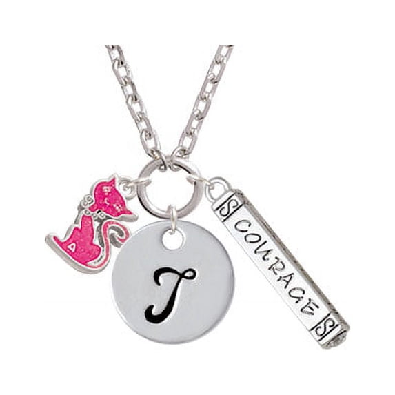 Hot Pink Glitter Cat - T - Script Initial Disc Courage Strength Wisdom Zoe Necklace
