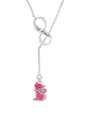 Hot Pink Glitter Cat Te Amo Infinity Lariat Necklace