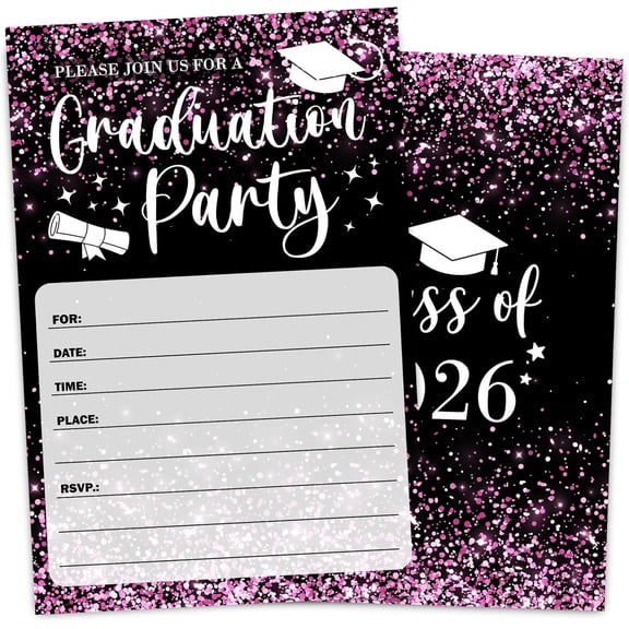 Hot Pink Glitter Graduation Invitation Card for Graduate, Hot Pink Glitter Graduation Party Invites, 30 Cards & 30 Envelopes, 4x6 Inches, Double-Sided