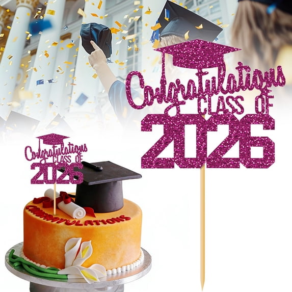 Hot Pink Graduation Cake Topper–Class of 2026 Glitter Congratulations Grad with Cap,1 PCS Decor for High School College Commencement Party