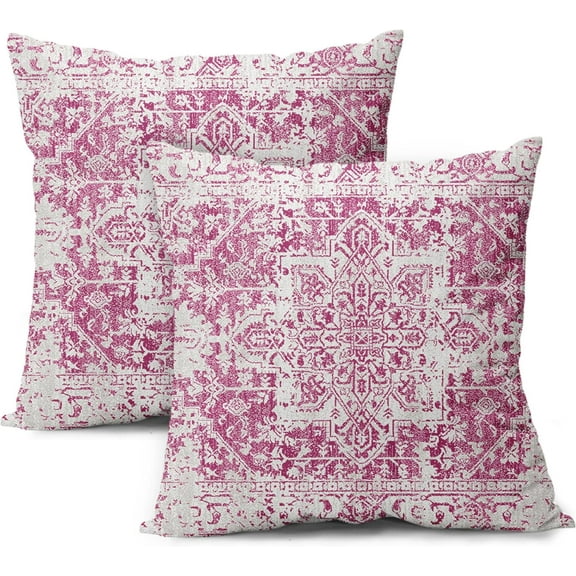Hot Pink Gray Ethnic Boho Throw Pillow Covers 20X20 Inches Set of 2 Bohemian Carpet Pattern Vintage Pillow Cases Grey Floral Pillow Cover Farmhouse Home Decor for Sofa Couch Porch Outdoor