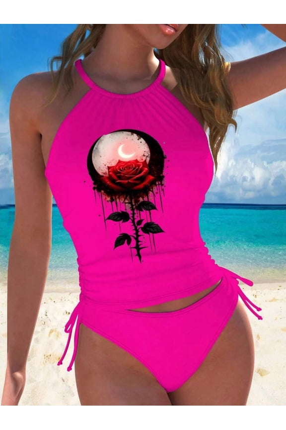 Hot Pink Halter Tankini Swimsuit With Gothic Rose Moon Print Ruched Two-Piece Set