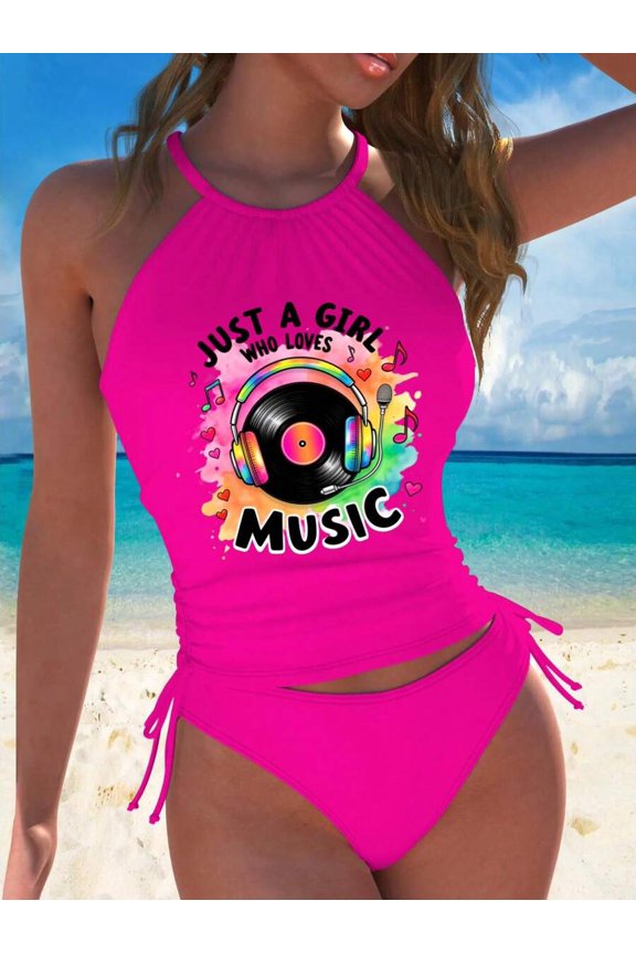 Hot Pink Halter Tankini Swimsuit With Music Vinyl Graphic, Ruched Side