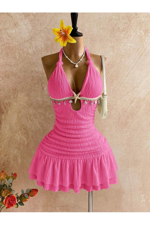 Hot Pink Halter Twist Ruched Bodycon Mini Dress With Shell And Starfish Embellishment, Beach Resort Summer Outfit
