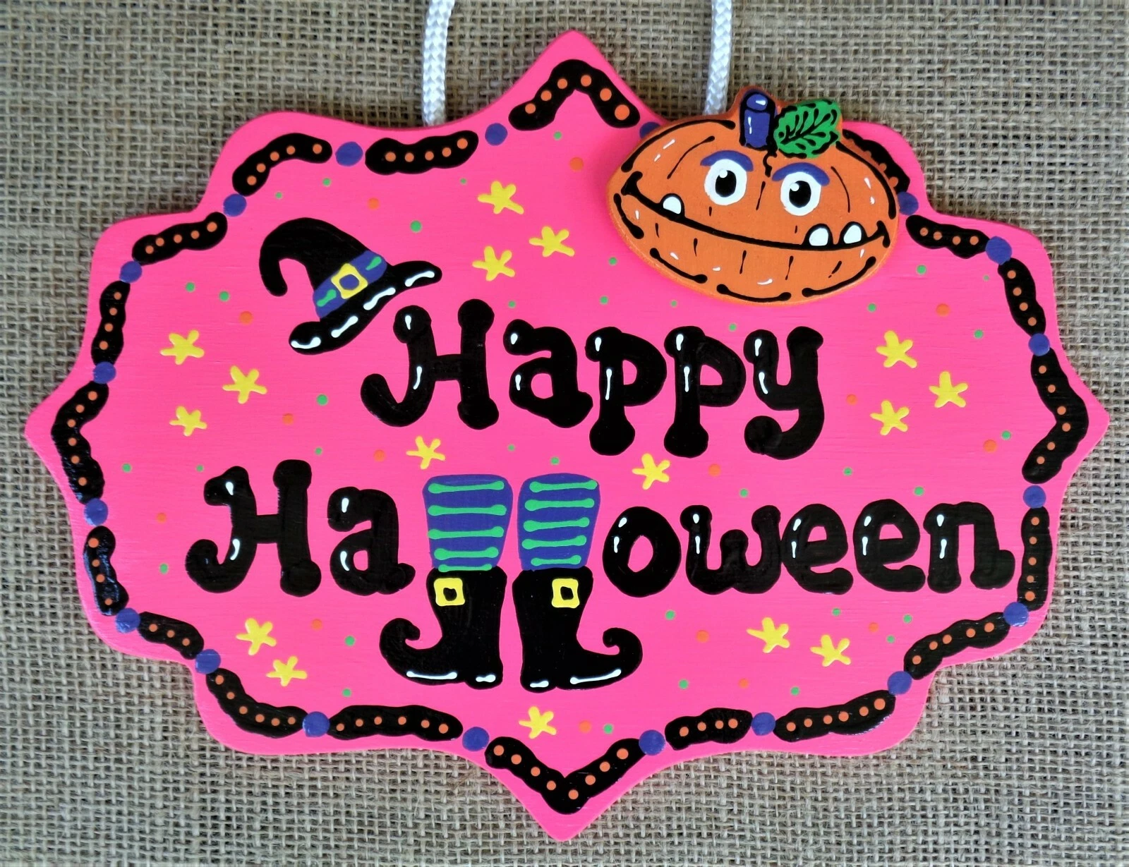Hot Pink Happy Halloween Sign Autumn Witch Hat Pumpkin Wall Door Hanger Plaque