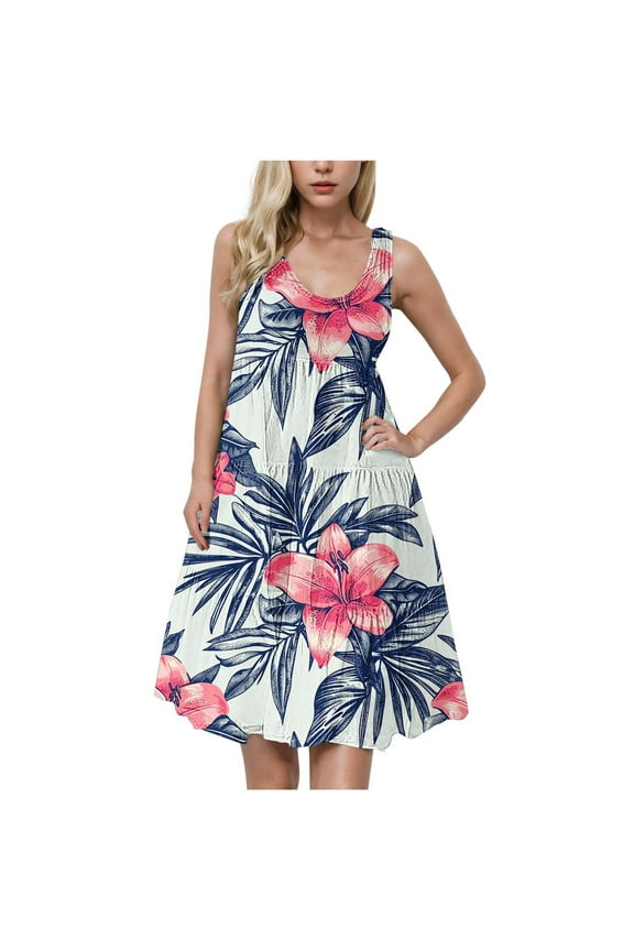 Hot Pink Hawaiian Ruched Tropical Beach Happy Gift Easter Egg Going Out for Women Fall Summer Sleeveless Crew Neck Floral Graphic Midi Slim Tunics Dresses Women 2026 S