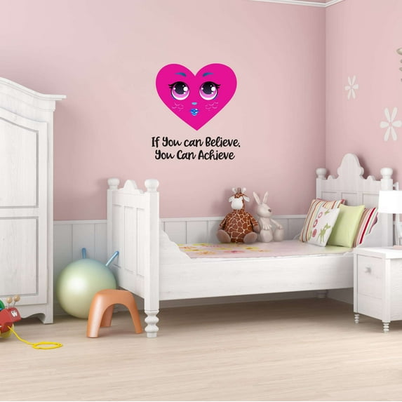 Hot Pink Heart Cute Girl Eyes Cheeks Lips Believe and Achieve Beautiful Crown Prince Unicorns Sweet Dreams Decorating Holiday Bedroom Wall Decal Sticker Girls Rule - Size: 27 In X 30 In