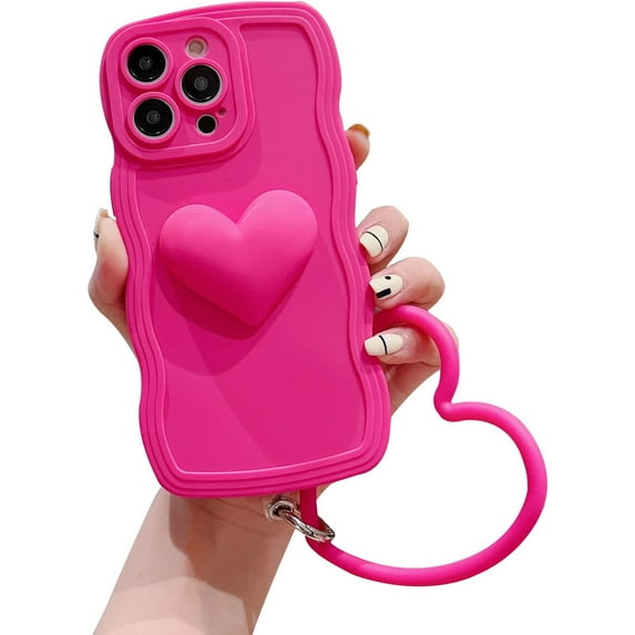 Hot Pink Heart Phone Case Compatible with iPhone 15, Cute 3D Big Love Heart Phone Case, Curly Wave Shape Heart Phone Cover with Heart Bracelet for Women Girls