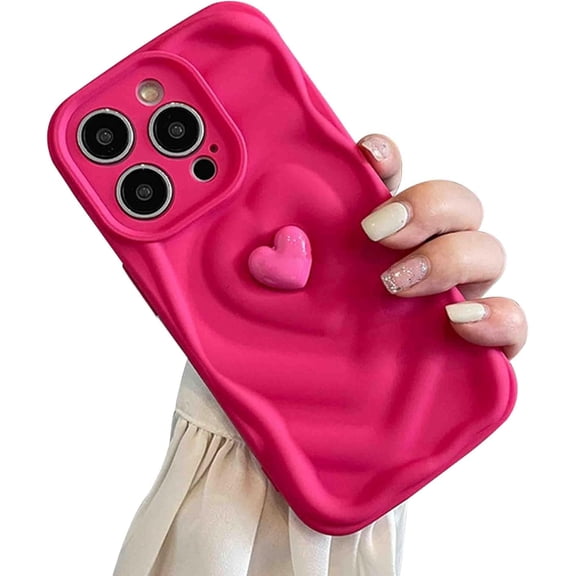 Hot Pink Heart Phone Case Compatible with iPhone 13 Pro Max, Cute Aesthetic 3D Sweet Cool Hot Pink Love Heart Phone Soft Cases for Women Girls