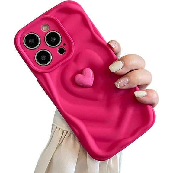 Hot Pink Heart Phone Case Compatible with iPhone 14, Cute Aesthetic 3D Sweet Cool Hot Pink Love Heart Phone Soft Cases for Women Girls