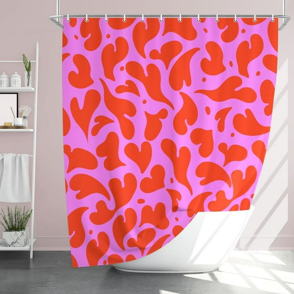 Hot Pink Heart Shower Curtain Valentines Romantic Love Heart Cute Bathroom Accessories, Chic Retro 72s Heart Design Happy Valentines Bathroom Decor Set with Hooks 72X72IN