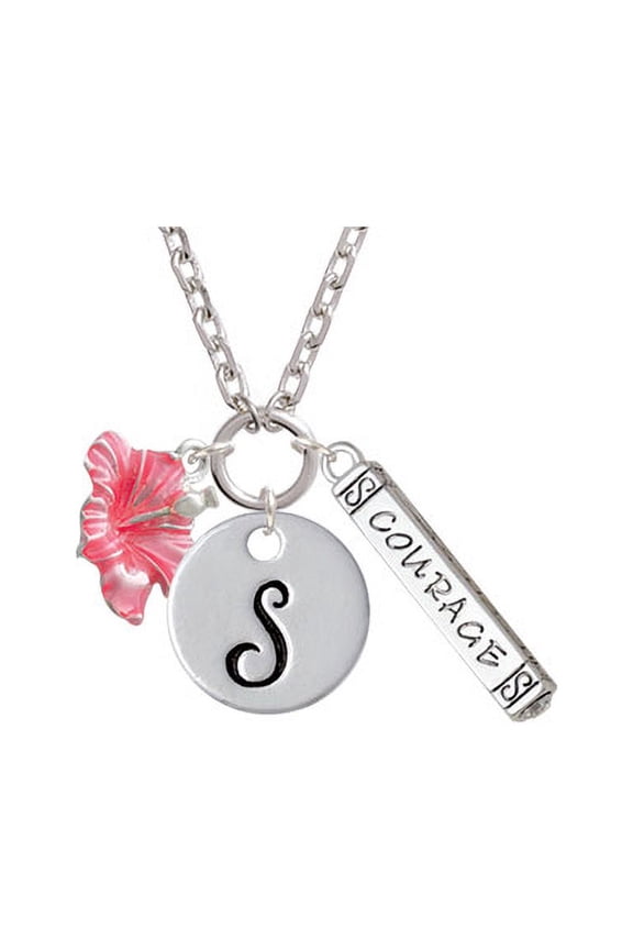 Hot Pink Hibiscus Flower - S - Script Initial Disc Courage Strength Wisdom Zoe Necklace