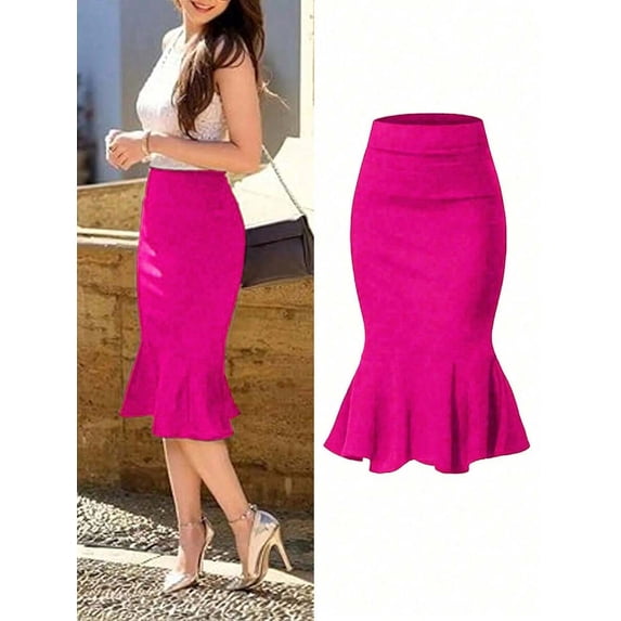 Hot Pink High Waist Knee-Length Fish Tail Skirt, Fitted Stretchy Polyester Blend Office & Commute Skirt