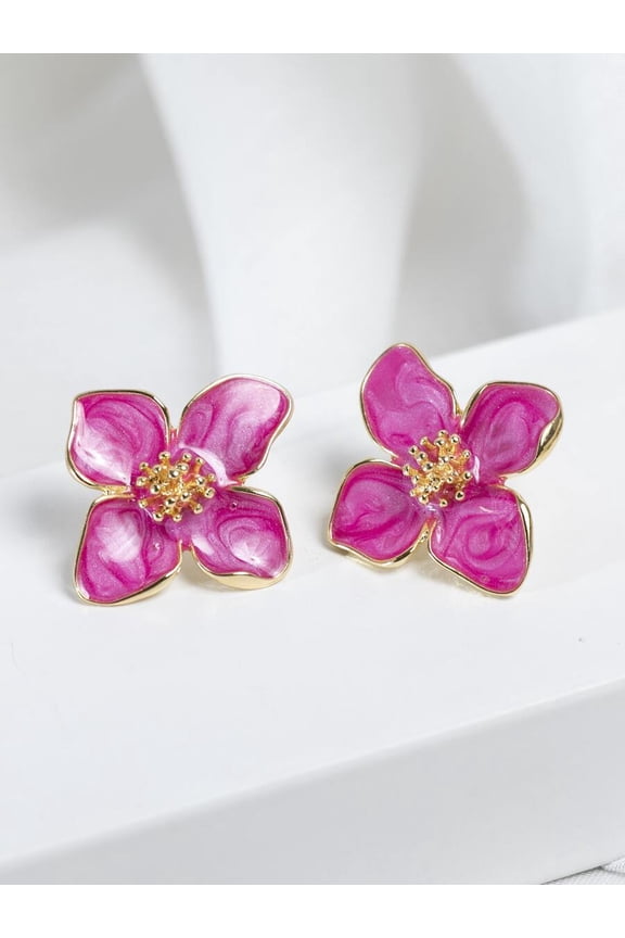 Hot Pink Hollow Flower Stud Earrings With Goldtone Accents, Elegant Minimalist Jewelry For Women