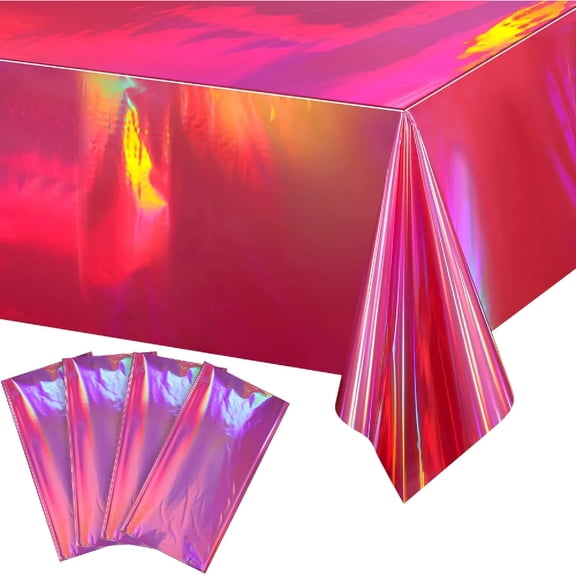 Hot Pink Iridescence Plastic Tablecloth Shiny Foil Metallic Laser Rainbow Rectangle Table Cover for Birthday Wedding Party Decor