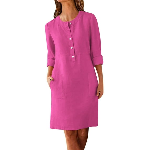 Hot Pink Juniors Long Short 1/2 Sleeve Dresses for Women Crewneck Faux Gauze Linen Basic Midi Knee Length Summer Fall Button 2025 Clothing Country Concert Y2K XL