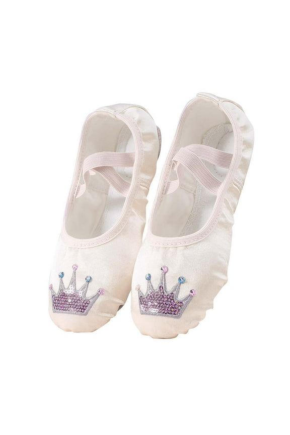Hot Pink Kids Dance Shoes With Crown Rhinestone And Sequins For Ballet Yoga Gymnastics, With Soft Sole Elastic Closure For Age 2-14 And Insole 7.7 Inches