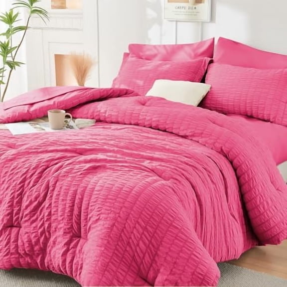 Hot Pink King Size Comforter Set Seersucker 7 Pieces, All Season Luxury Bed in a Bag for Bedroom, Bedding Set with Comforter, Sheets, Pillowcases & Shams