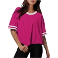 thumbnail image 1 of Hot Pink Ladies Crewneck Tshirts Track Gym Jogger Going Out Tee Tops for Juniors Short Sleeve Drop Shoulder Color Block Short Plus Size Summer Fall Shirts 2026 M, 1 of 4