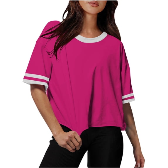 Hot Pink Ladies Crewneck Tshirts Track Gym Jogger Going Out Tee Tops for Juniors Short Sleeve Drop Shoulder Color Block Short Plus Size Summer Fall Shirts 2026 M