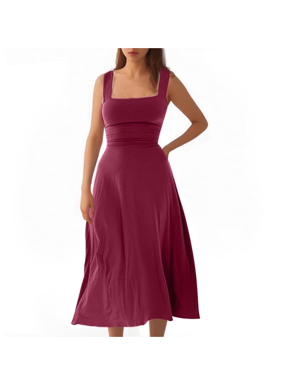 Hot Pink Ladies Slim Tunics Square Neck Spandex Dresses for Juniors Sleeveless Slip Midi Brunch Going Out Basic Summer Fall Dresses 2026 Clothes Fashion Country Concert S