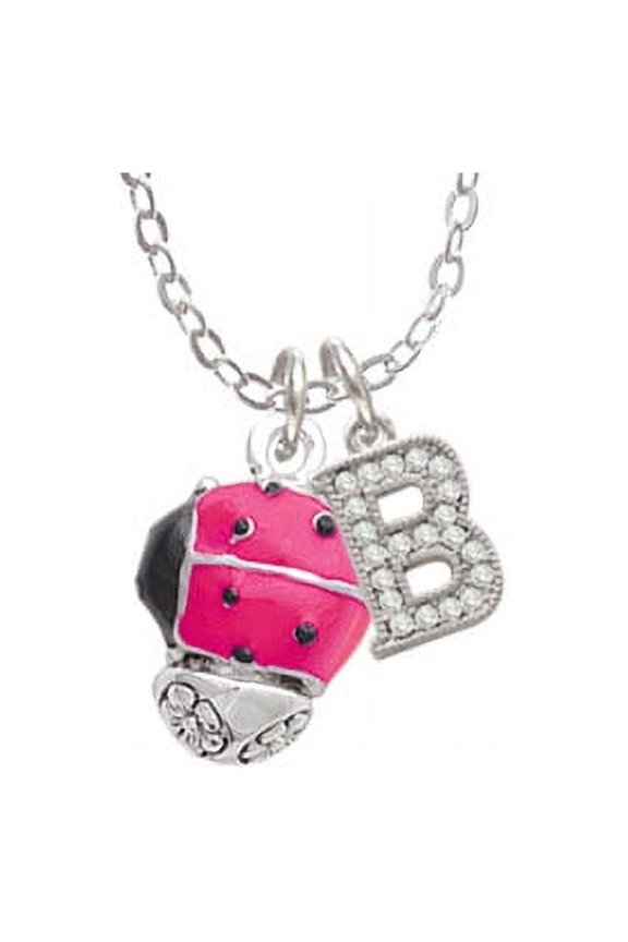 Hot Pink Ladybug Spinner - B - Crystal Initial Sophia Necklace, 18"+1"