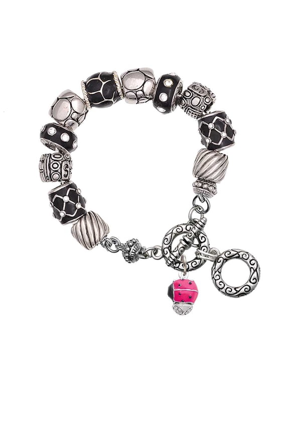 Hot Pink Ladybug Spinner Black Pebble Bead Charm Bracelet
