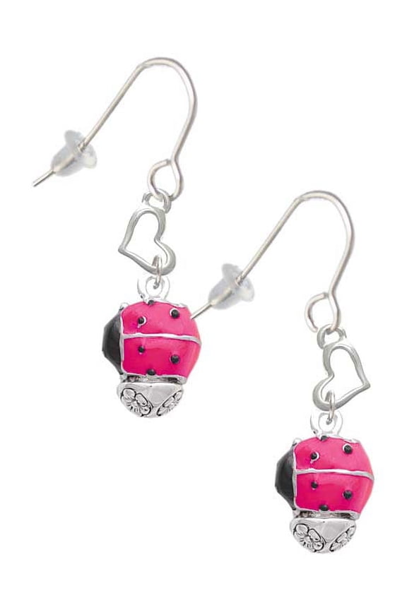Hot Pink Ladybug Spinner Heart French Earrings