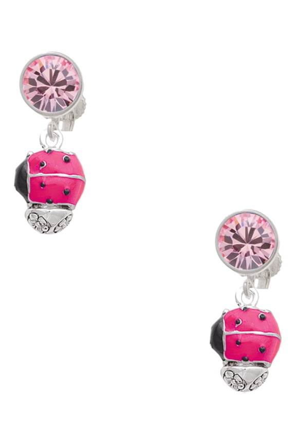 Silvertone Hot Pink Ladybug Spinner Pink Crystal Clip on Earrings