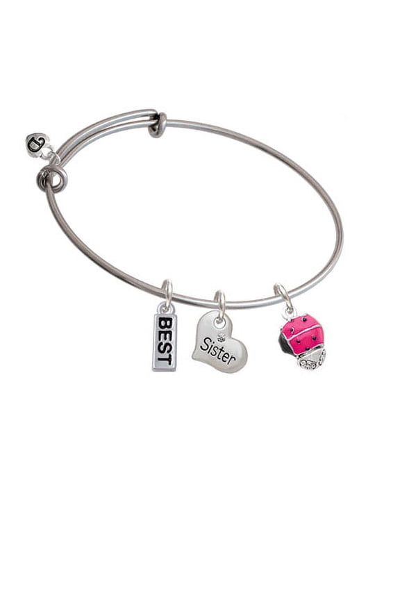 Hot Pink Ladybug Spinner Sister Heart Expandable Bangle Bracelet