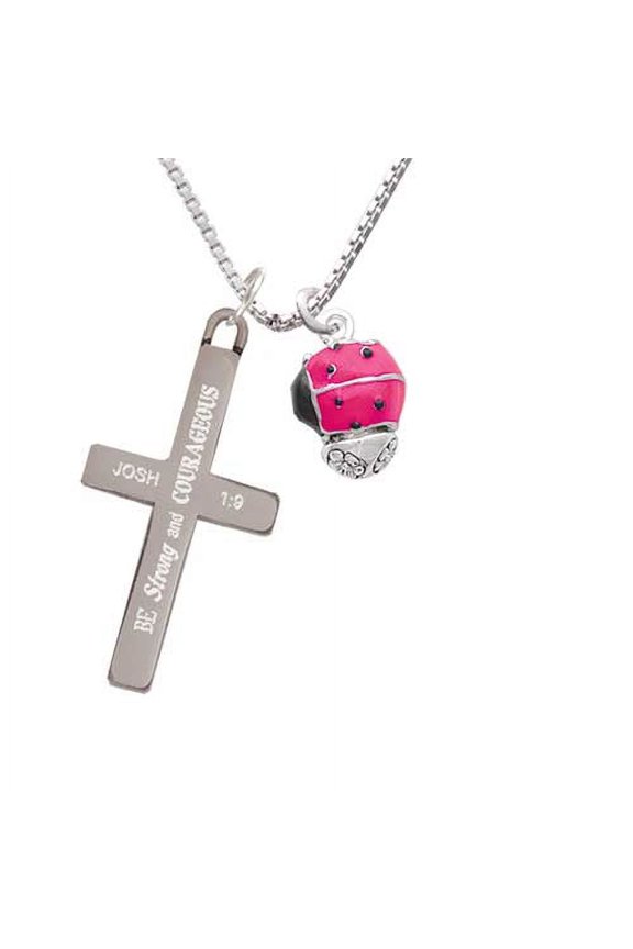 Hot Pink Ladybug Spinner - Strong and Courageous - Cross Necklace