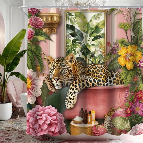 Hot Pink Leopard 72Wx72H Shower Curtain Funny Cheetah Wildlife in Bathtub Vintage Jungle Animal Green Tropical Floral Leaves Plant Bathroom Curtain Set Retro Bath Bathroom Accessories Decor