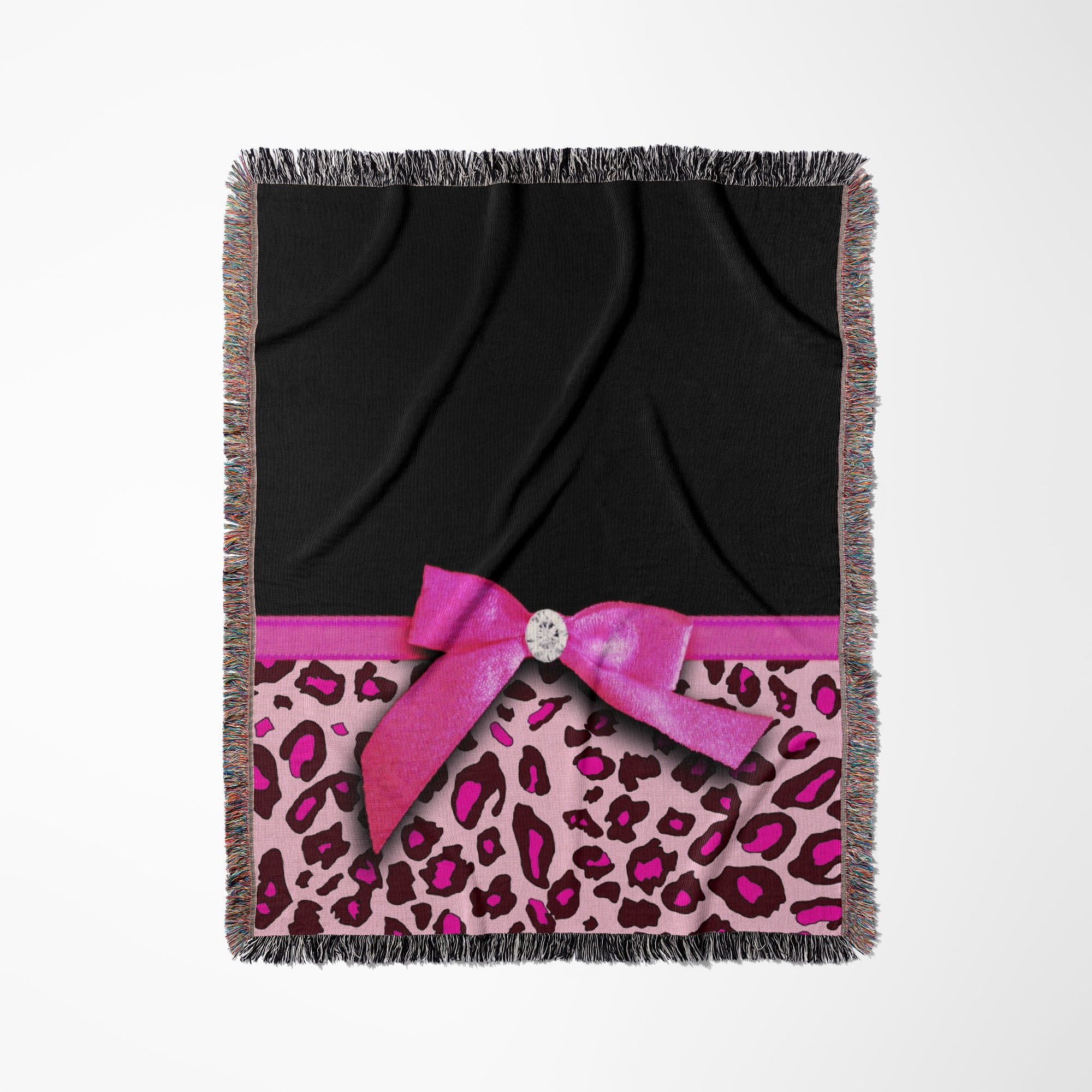 Hot Pink Leopard Animal Print With Glamorous Faux Ribbon Bow - Girly Glam Graphic - Stylish Black, Woven Blanket