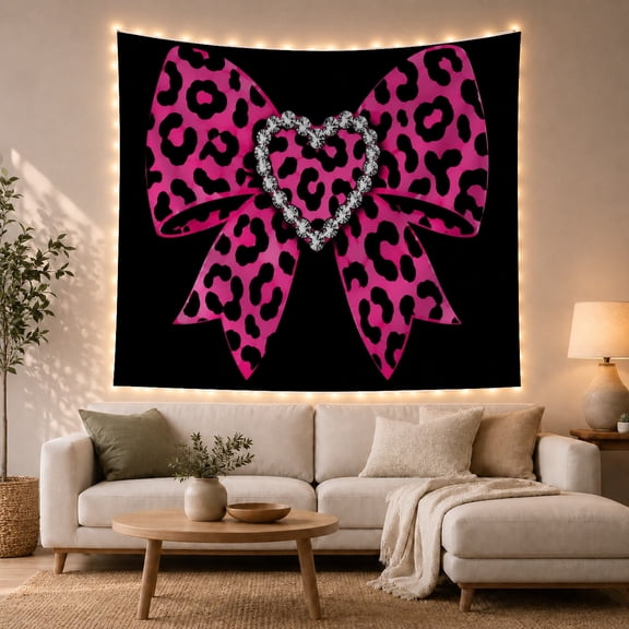 Hot Pink Leopard Bow with Jeweled Heart on Black Background, Dramatic Maximalist for Animal Print Lovers, Bold Graphic Art Print, Birthday Gift, Tapestry Wall Hanging for Bedroom and Living Room