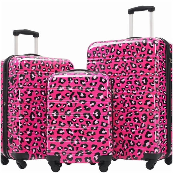 Hot Pink Leopard Print Expandable Suitcase Set, 3-PC TSA Lock Hardshell Spinner Luggage, Lightweight PC