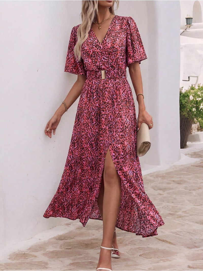 hot pink animal print dress Womens Leopard V-Neck Long With Elastic Waist col_street