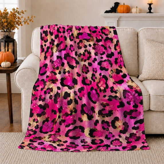 Hot Pink Leopard Spots with Tan Accents, Bold Modern Style for Animal Print Fans, Wild Glam Pattern and Birthday Gift, Cozy Flannel Blanket for Bedroom and Dorm, Home Decor