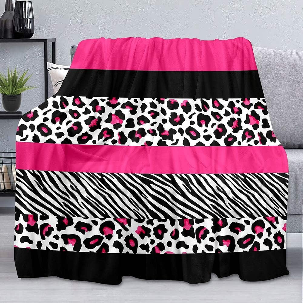 Hot Pink Leopard Throw Blanket, Cheetah Print Blanket, Black and White Zebra Print Blanket, Cozy Warm Lightweight Soft Fluffy Fuzzy Plush Flannel Fleece Blanket for Couch, Sofa, 50"x60"