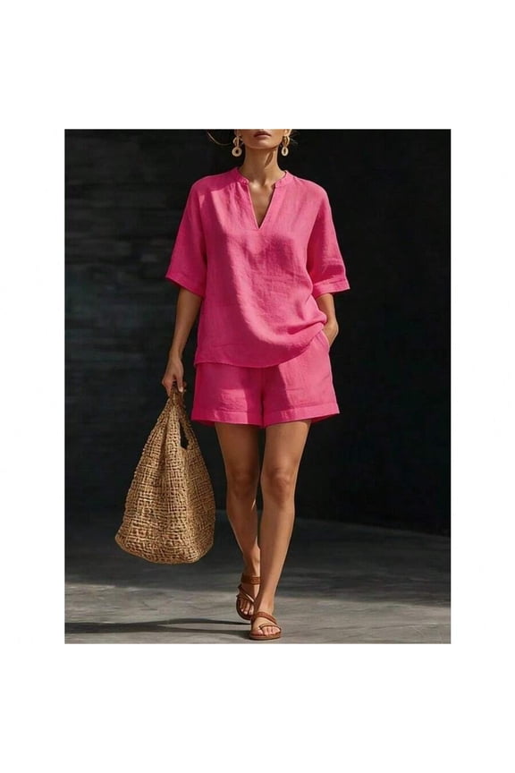 Hot Pink Linen Cotton V-Neck Top And Shorts Two-Piece Set, Relaxed Fit Casual Co-Ord