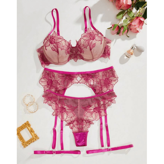 Hot Pink Lingerie Garter Silk Lace Set