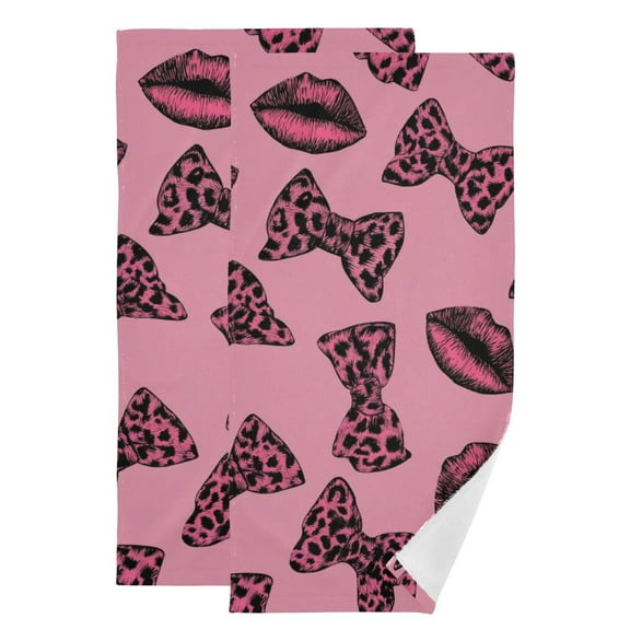 Hot Pink Lips Bows with Leopard Print Hand Towel Absorbent Bath Towels for Bathroom Sports Gym 28" x 14" Set of 2