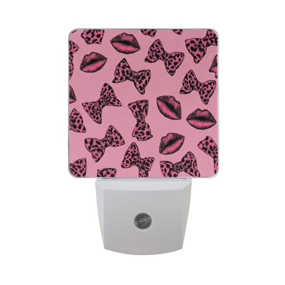 Hot Pink Lips Bows with Leopard Print LED Night Light Sensor Lamp Plug-in Adjustable Brightness 2 Pack