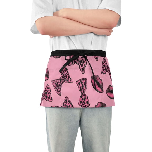 Hot Pink Lips Bows with Leopard Print Short Server Apron with 3 Pockets for Unisex Chef Gardening