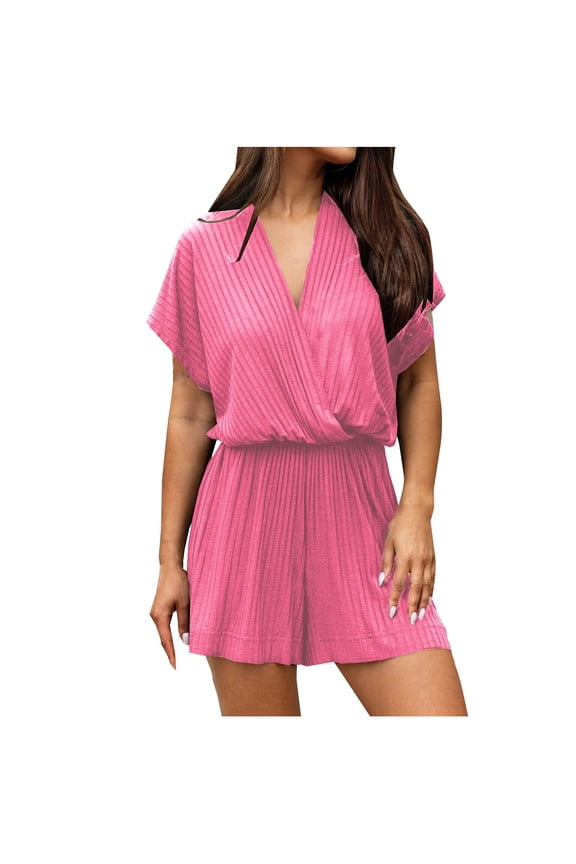 Hot Pink Loose Fit Coveralls Shortalls for Women Summer Fall Spandex Crochet Striped Straight Leg Basic Bib Pants Shortalls Shorts Catsuit Women 2026 Clothes M