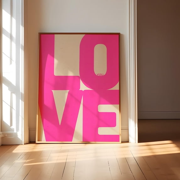 Hot Pink Love You Poster Trendy Retro Wall Art Design1 Poster, Stretched Size 12x18