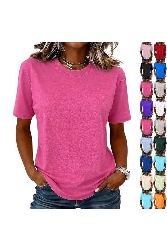 T Shirts for Women Short Sleeve Crewneck Cotton Tops Summer Casual Breathable Basic Tee Tshirt Hot Pink M